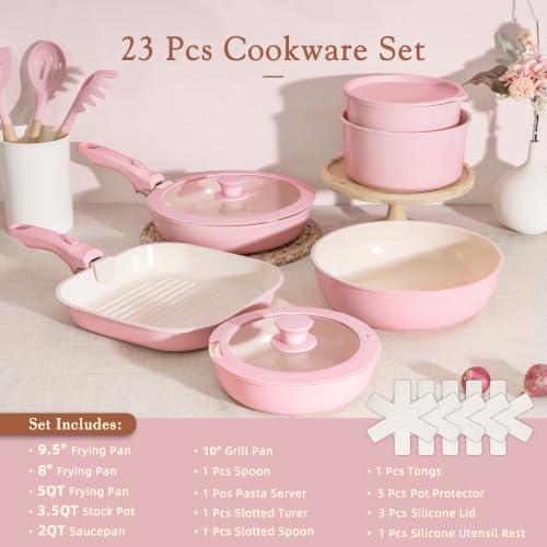 23 Pcs Pots and Pans Set Non Stick (Pink / 23 Piece)