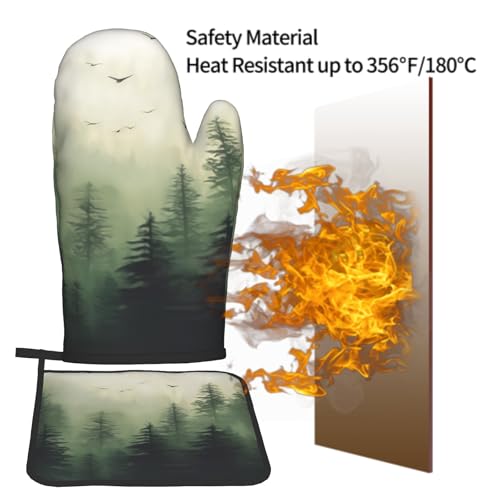 Green Misty Forest Oven Mitts and Pot Holder Set of 2 Mountain Woodland Heat Resistant Kitchen Gloves Hot Pad for Baking Cooking Microwave (Green Forest)