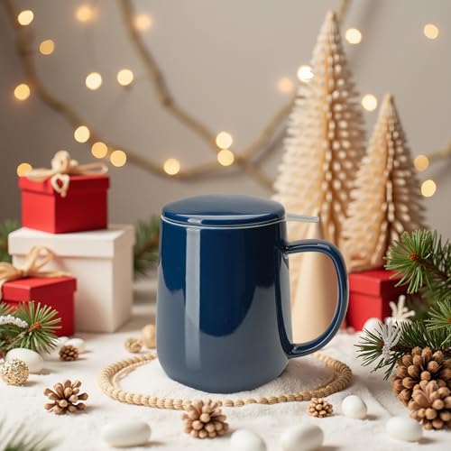 20oz Porcelain Teacup with Infuser and Lid (Dark Blue)