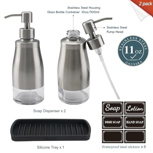 Kitchen Soap Dispenser with Silicone Tray & Stickers 11 OZ (Brushed Nickel 2 & Tray)