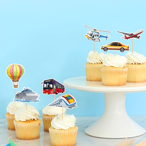 24Pcs Printed Transportation Cupcake Toppers Train Hot Air Balloon Motorcycle Bus Boat Airplane Cupcake Picks for Transportation Theme Baby Shower Boys Girls Birthday Party Decorations (White)