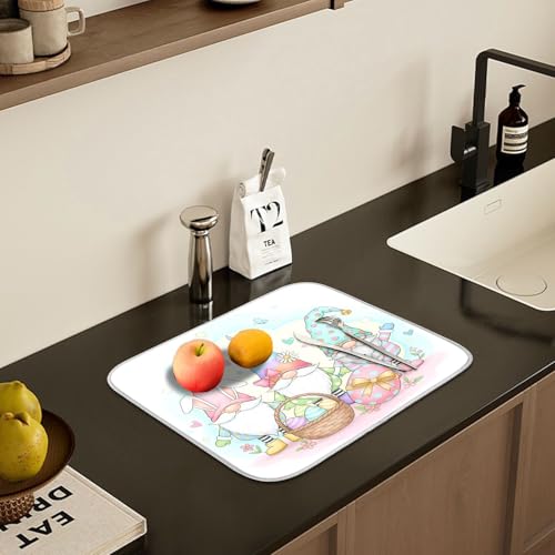 Colorful Easter Cute Gnomes Dish Drying Mat for Kitchen Counter Absorbent Microfiber Small Drying Pad Dish Mats for Kitchen Countertops 16 x 18 Inch (18" x 16")