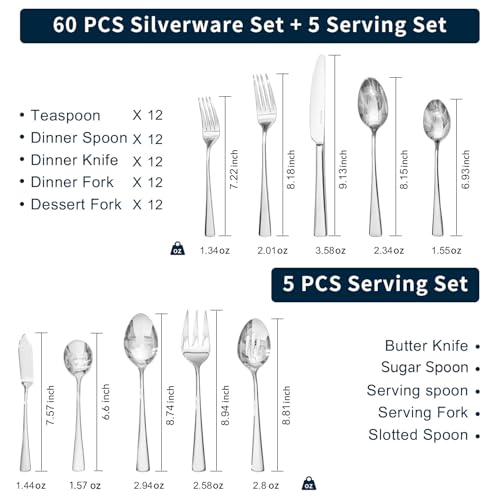 65 Piece Silverware Set for 12 with Serving Utensils (Silver / 65-Piece)
