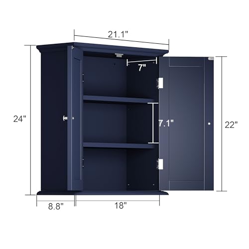Bathroom Wall Cabinet with 2 Doors (Navy Blue / 8.8"D x 21.1"W x 24"H)