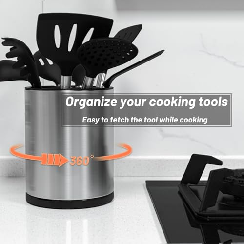 Kitchen Utensil Holder for Countertop 360° Rotating Utensil Caddy Extra Large Utensil Crock Cooking Utensil Holder for Kitchen Counter (Silver and Black)