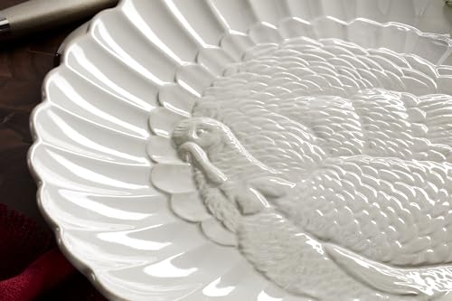French Perle White 18in Large Serving Platter Carved Turkey Stoneware (Turkey Platter / White)