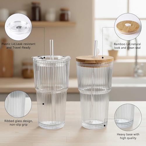 Ribbed 2pack 20oz Glass Cups with Bamboo & Plastic Lids and Straws (Transparent with Stripe / 20oz-2pack)