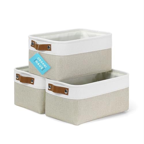 12x8in Canvas Storage Baskets (Beige / Off-White / Small - 3pc)