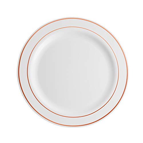 100 Rose Gold Rim White Plastic Plates (White / Rose Gold Rim)