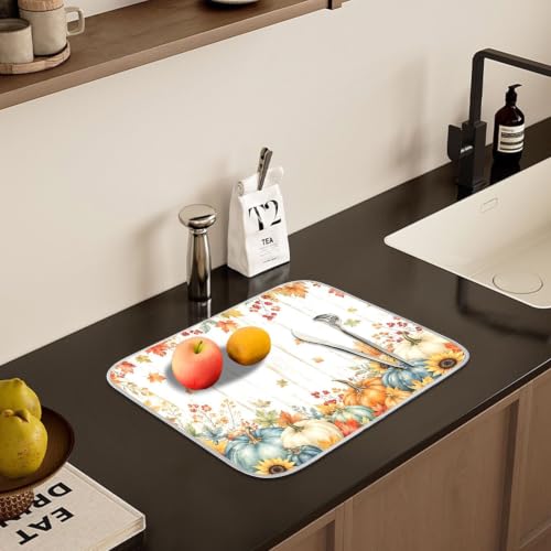 Thanksgiving Dish Drying Mat for Kitchen Counter Absorbent Microfiber Pumpkin Sunflower Fall Autumn Small Drying Pad Dish Mats for Kitchen Countertops 16 x 18 Inch (Thanksgiving Pumpkin / 18" x 16")