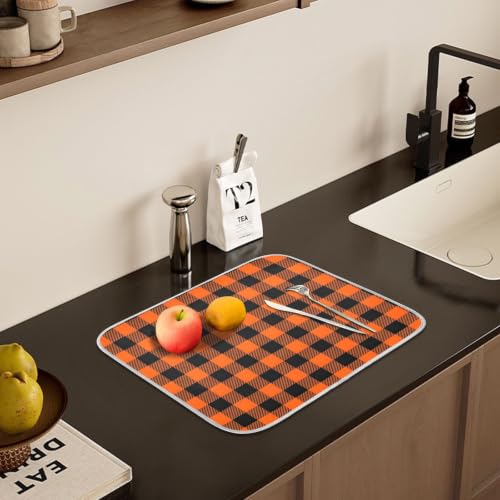 Halloween Dish Drying Mat for Kitchen Counter Absorbent Microfiber Large Drying Pad Black Orange Buffalo Plaid Check Dish Mats for Kitchen Countertops 18 x 24 Inch (Halloween Buffalo Plaid / 24" x 18")