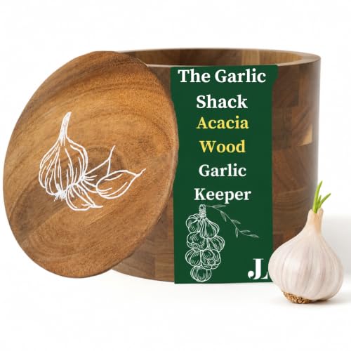 The Garlic Shack Acacia Wood Garlic Keeper For Counter With Lid 4 Inch (Regular)