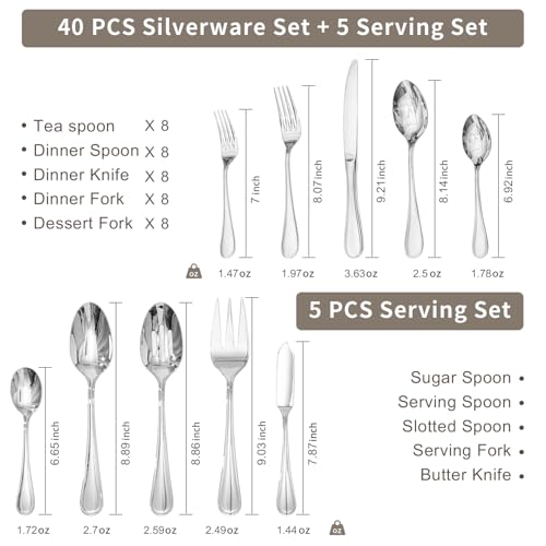 45 Piece Silverware Set for 8 with Serving Utensils (Silver / 45-Piece)