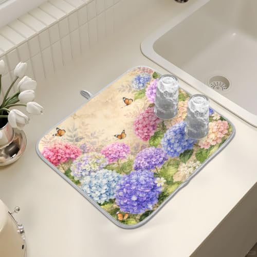 Vintage Flowers Spring Summer Dish Drying Mat for Kitchen Counter Absorbent Microfiber Hydrangea Butterfly Small Drying Pad Dish mats for Kitchen Countertops 16 x 18 Inch (Spring Vintage Flowers / 18" x 16")