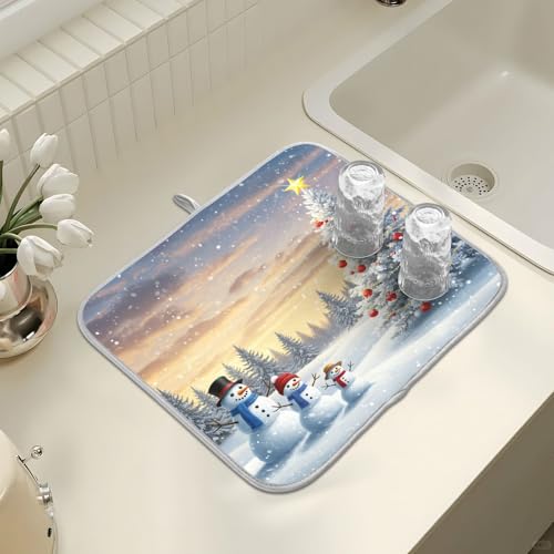 Christmas Tree and Snowman Dish Drying Mat for Kitchen Counter Absorbent Microfiber Small Winter Snowflakes Drying Pad Dish Mats for Kitchen Countertops 16 x 18 Inch (18" x 16")
