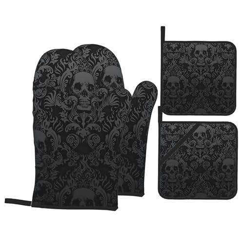 Victorian Gothic Black Skull Damask Oven Mitts and Pot Holders Sets of 4 (One Size / Black Skull)