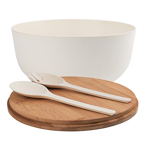 Bamboo Fiber Salad Bowl with Servers Set Large 9.8 inches Nature Bamboo Mixing Bowl with Servers with Lid Spoon and Fork for Fruits