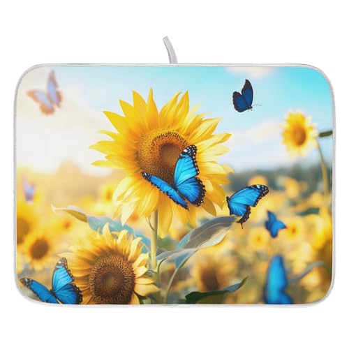 Blooming Sunflowers Blue Butterfly03 Dish Drying Mat for Kitchen Counter Absorbent Microfiber Large Drying Pad Dish Mats for Kitchen Countertops 18 x 24 Inch (24" x 18")