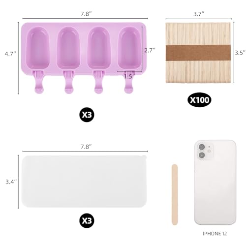 3 Set Violet Samll Popsicles Molds with Lids and 100 Pieces Wooden Popsicles Sticks (Violet / Small Size)