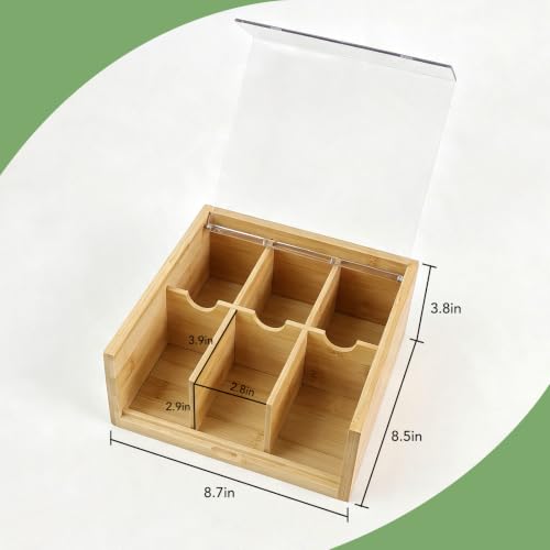 Bamboo Tea Bag Organizer Storage Box with 6 Compartments (Compact-Bamboo)