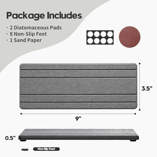 2PCS Diatomite Quick Stone Drying Tray Mat For Bathroom & Kitchen Counter (2 Pack - Charcoal Gray Grooved / 9" x 3.5")