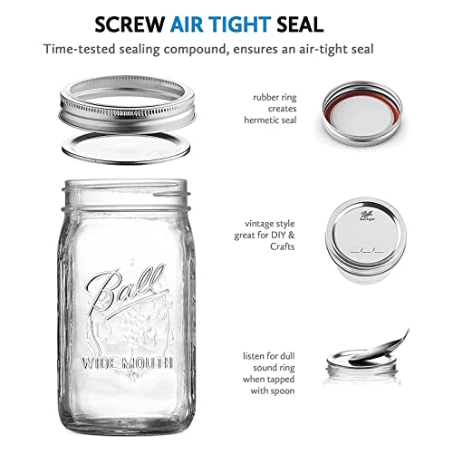 Wide Mouth Glass Mason Jars with Lids and Bands (Quart / 32 Ounce (Pack of 6))