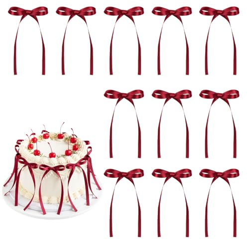 30 Pack Bow Cake Toppers Wine Red Ribbon Bows for Cake Back to School Decor (Wine Red)