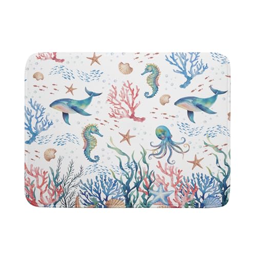 Coastal Ocean Dish Drying Mat Seahorse Whales Drainer Rack Mats 18"x24" Absorbent Microfiber Dish Drying Pad Protector for Kitchen Counter (Coral Ocean / 24" x 24")