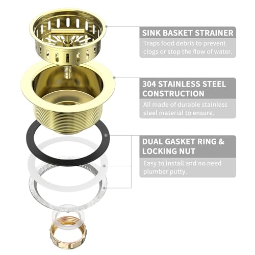 3-1/2 Inch Kitchen Sink Drain Assembly Stainless Steel Gold Kit with Strainer Basket/Rubber Stopper, Rustproof Durable Gold Finish Replacement for Standard Commercial Sink Drains