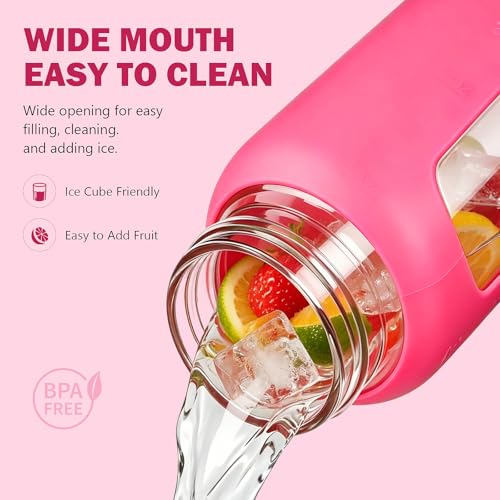 24 oz Glass Water Bottle with Straw and 2 Lids (Rose Red / 24 Ounces)