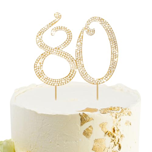 Gold 80th Birthday Cake Topper Rhinestones Cake Decorations for 80th Birthday Party (80th- Gold)