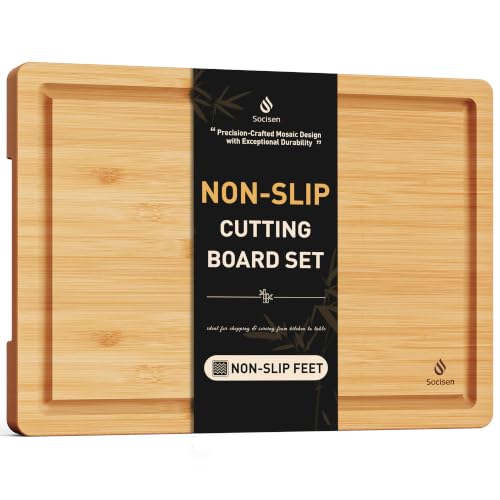 Extra Large Charcuterie Bamboo Board Non Slip Feet Over Sink Wooden Cutting Chopping Board Butcher Block Nice Solid Thick Juice Groove Big Xl XXl xlarge Hardwood Kitchen Counter Organic Meat BBQ Kit (19.5"L x 14"W / Natural)