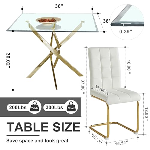 5 Piece Square Glass Dining Table Set (Square Table - 4 Gold White Chairs)