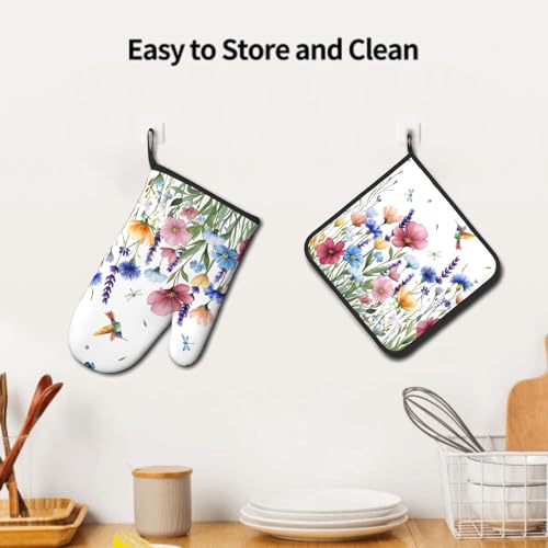 Spring Floral Oven Mitts and Pot Holder 2Pcs Hummingbird Flower Heat Resistant Kitchen Glove Washable Potholder for Baking Cooking Grilling (Hummingbird Flower)