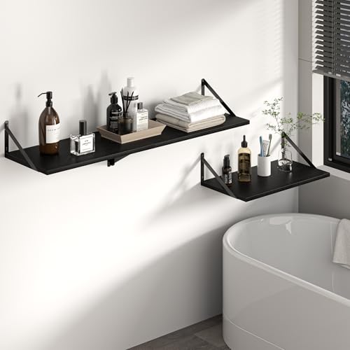 32W x 12D Deep Floating Shelves Set of 2 Black (Black With Black Metal Bracket / 32Wx12Dx5.8H)
