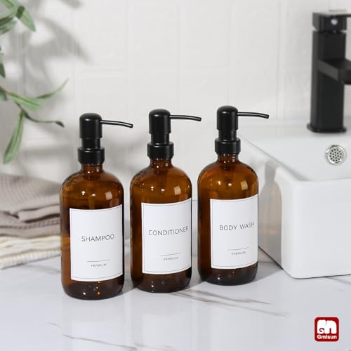 Shampoo and Conditioner Dispenser (Amber Bottle + Black Pump / 3 Pack)