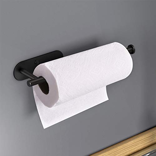 Adhesive Paper Towel Holder Under Cabinet Wall Mount for Kitchen Paper Towel (Black / 2 Pack)