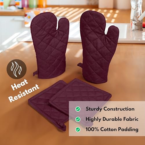 4 Piece Set 2 Oven Mitts & 2 Potholders (Burgundy Wine)