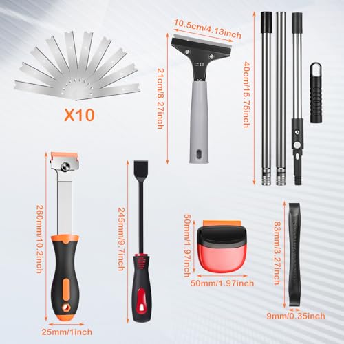 12 Pcs Floor Scraper Tool Set 52" Long Handle Metal Razor (Bright)