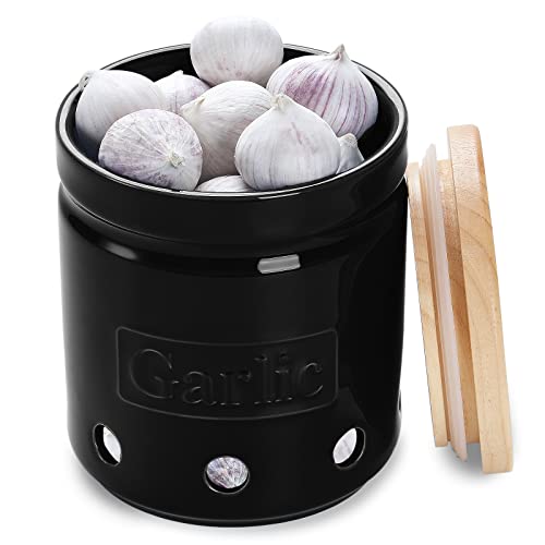 Ceramic Garlic Keeper with Wooden Lid (Black)