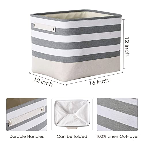 Extra Large Cube Storage Bins Baskets for Organizing (Grey&White Stripes / 3PCS/Large Cube - 16L×12W×12H)