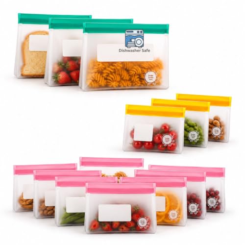 Reusable Food Storage Bags (14 Pack of 3 Large, 8 Medium, 3 Small Bags (Multicolors))