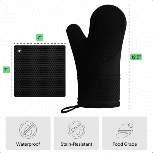 BPA Free Silicone Oven Mitts and Pot Holders Set (Black / 12.5" Oven Mitts + 7" Trivets)