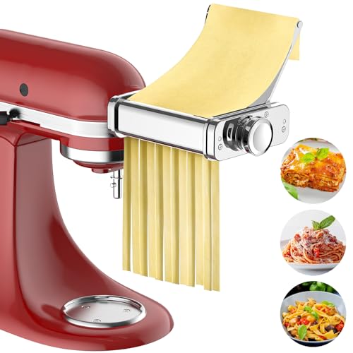 3-in-1 Pasta Attachment for KitchenAid Stand Mixers, Roller & Cutter (Metallic Silver)