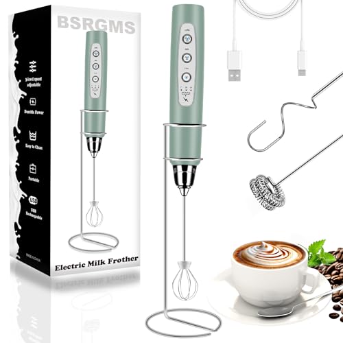 Milk Frother Wand Rechargeable Handheld Whisk Coffee 3 Speed Adjustable (Frother with stand / Morandi Green)