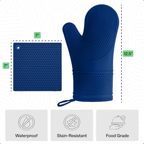 BPA Free Silicone Oven Mitts and Pot Holders Set (Blue / 12.5" Oven Mitts + 7" Trivets)