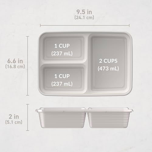 Prep 3 Compartment Meal Prep Containers with Lids (Stone Gray)