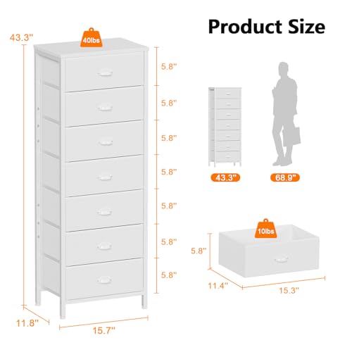 White Tall Dresser for Bedroom (White / 11.8"D x 15.8"W x 43.3"H (7 Drawers))