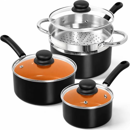 Nonstick Saucepan Set with Lids & Steamer (Silver / 1+2+3QT)