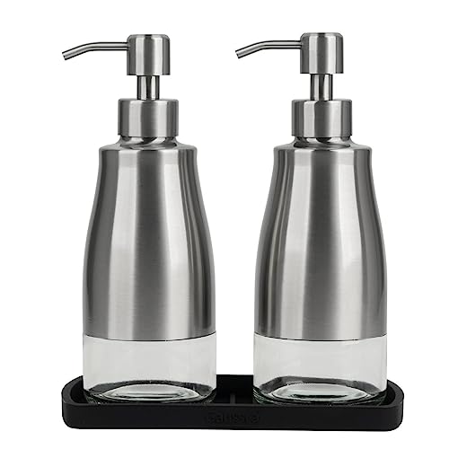 Kitchen Soap Dispenser with Silicone Tray & Stickers 11 OZ (Brushed Nickel 2 & Tray)